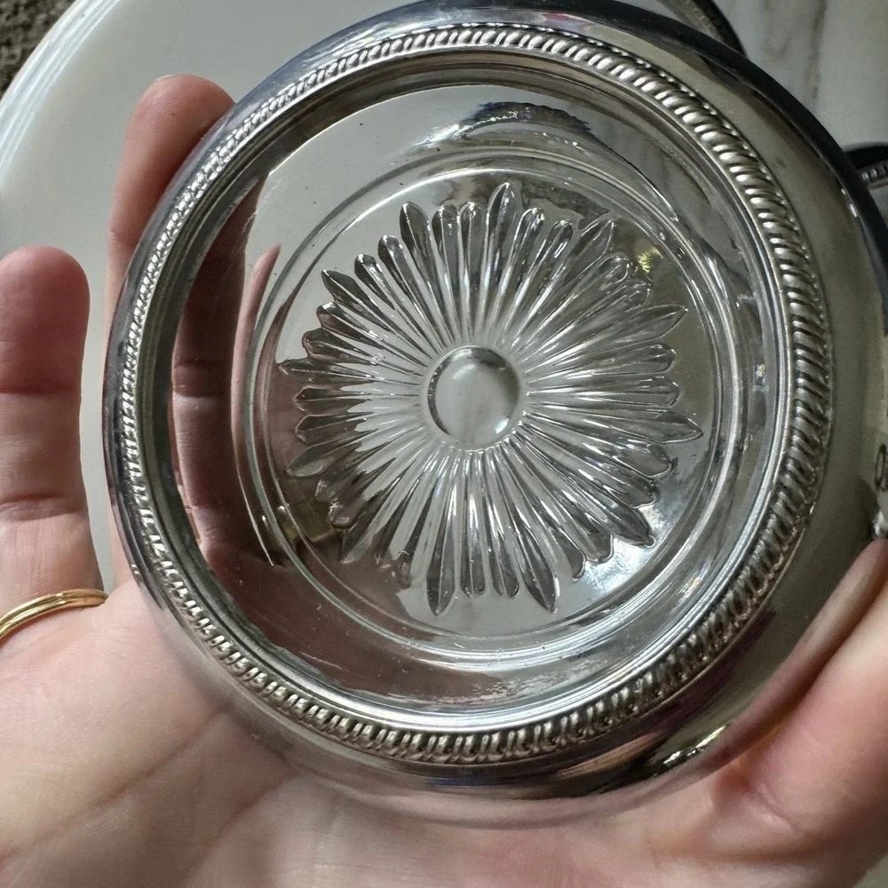4 Vintage Leonard Old Crystal Glass Drink Coasters Made In Italy Silver Plated